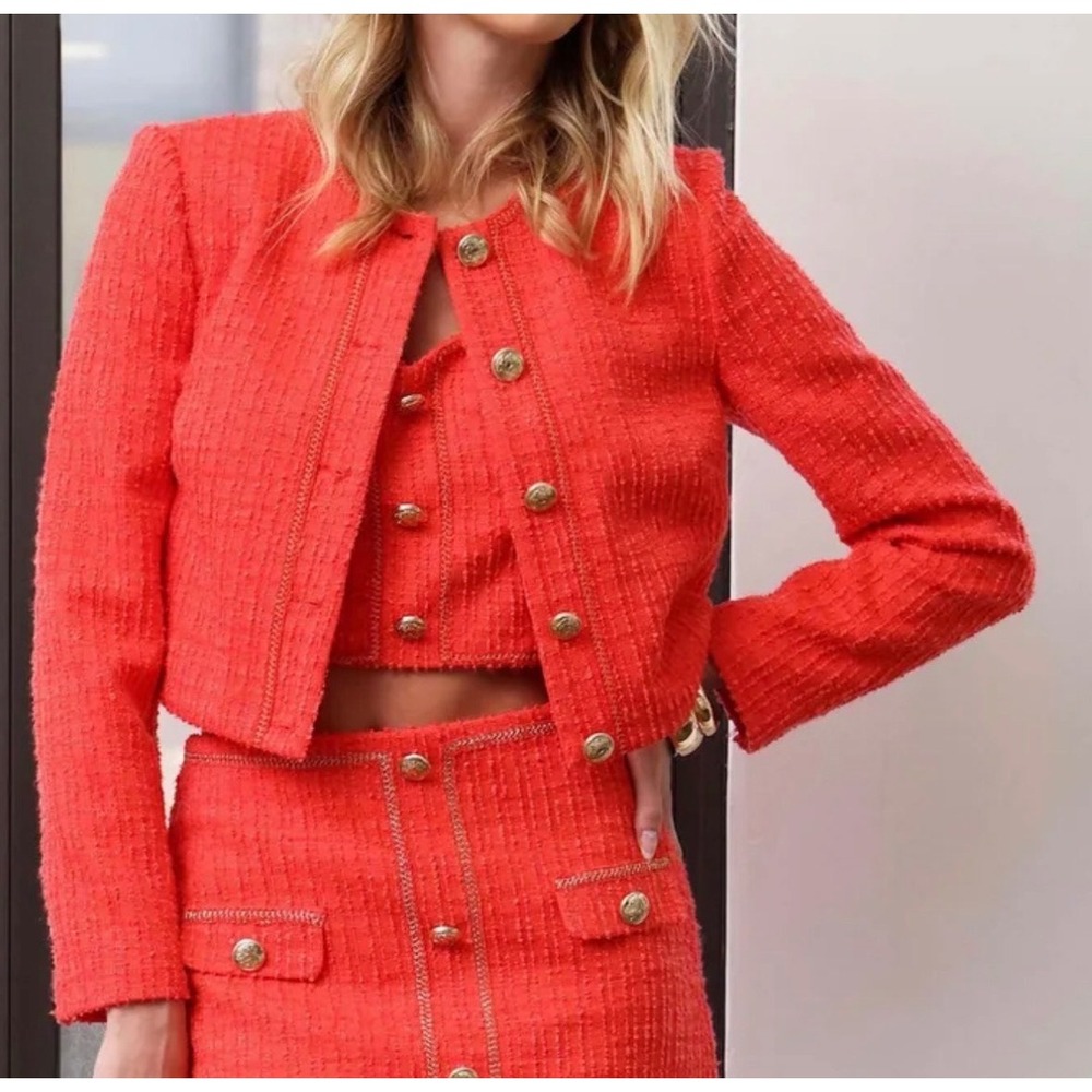 New Walter Baker Blazer Kit Crop Jacket Tweed Coral Pink Small Old Money Luxury